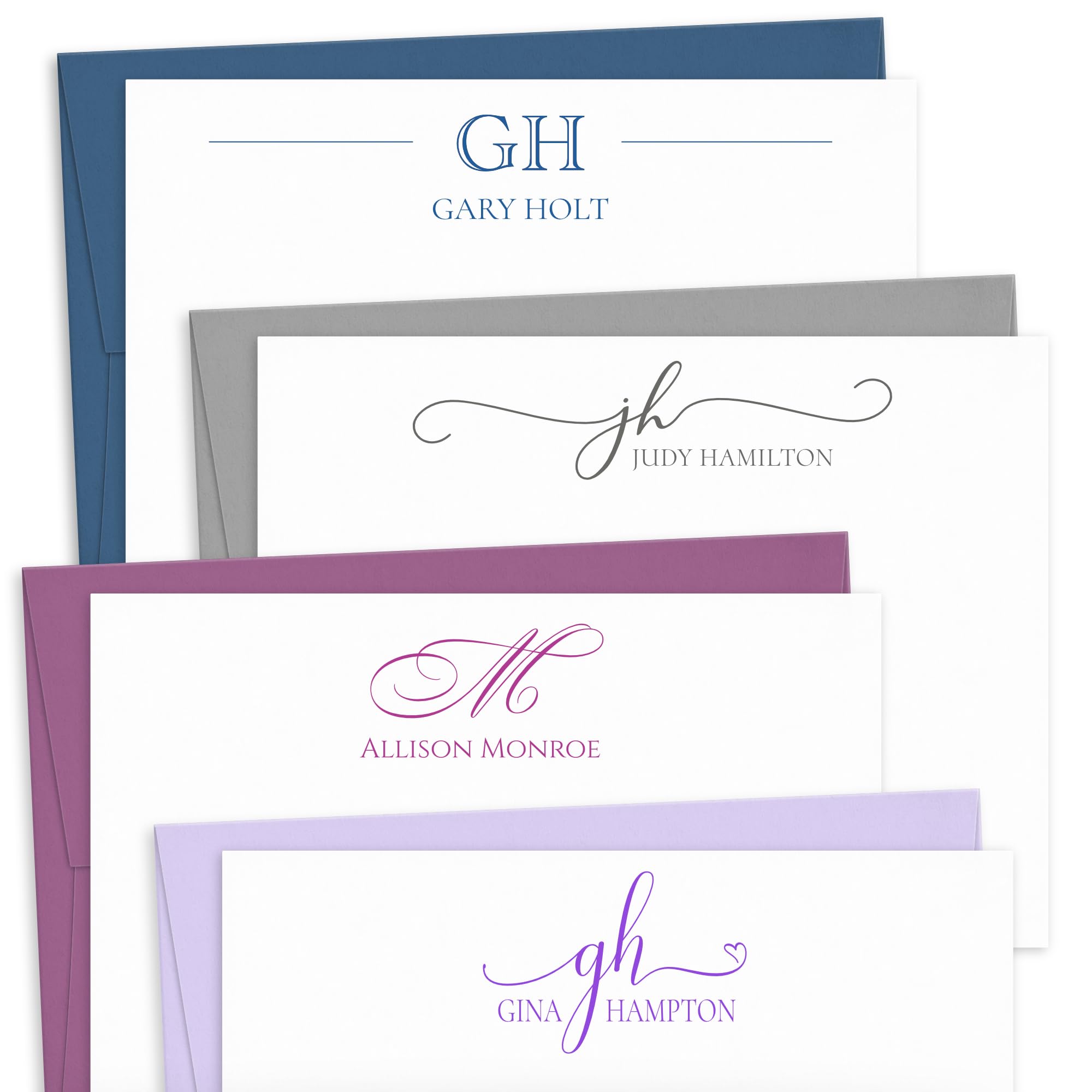 Sunny Ink Paper Co. Personalized Custom Monogram Initials Note Cards - Flat and 