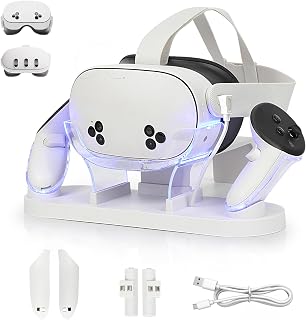 Growalleter for MetaQuest 3S/Quest 3 Charging Dock, VR Charger Station Stand for MetaQuest 3S/3 Storage, w/LED Indicator Light and 2 Touch Controller Grips Rechargeable Batteries (White)