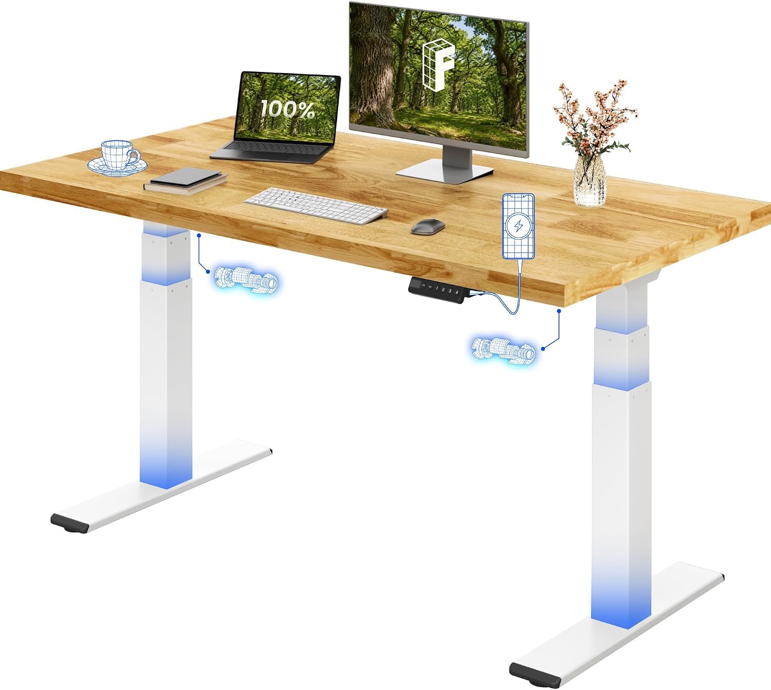 FLEXISPOT E200 Electric Height Adjustable Desk, Solid Oak Top 27 mm, Double Moto