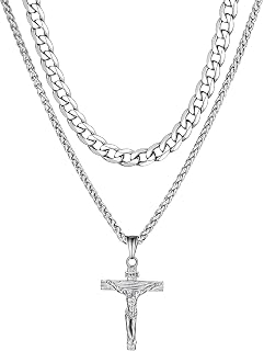 ChainsHouse Cross Necklace for Men Women, Sliver Black Gold Plated Crucifix Pendant Necklaces Layered Cuban Chain Stainless Steel Jewellery Gift