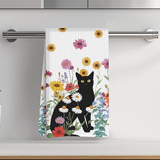 Flower Cat Kitchen Towel 24x14 Inch Colorful Flower Waffle Weave Hand Towel for Kitchen Home Decor Absorbent Microfiber Dish Cloth Tea Towel Gift for Cat Lover Women Mom Grandma