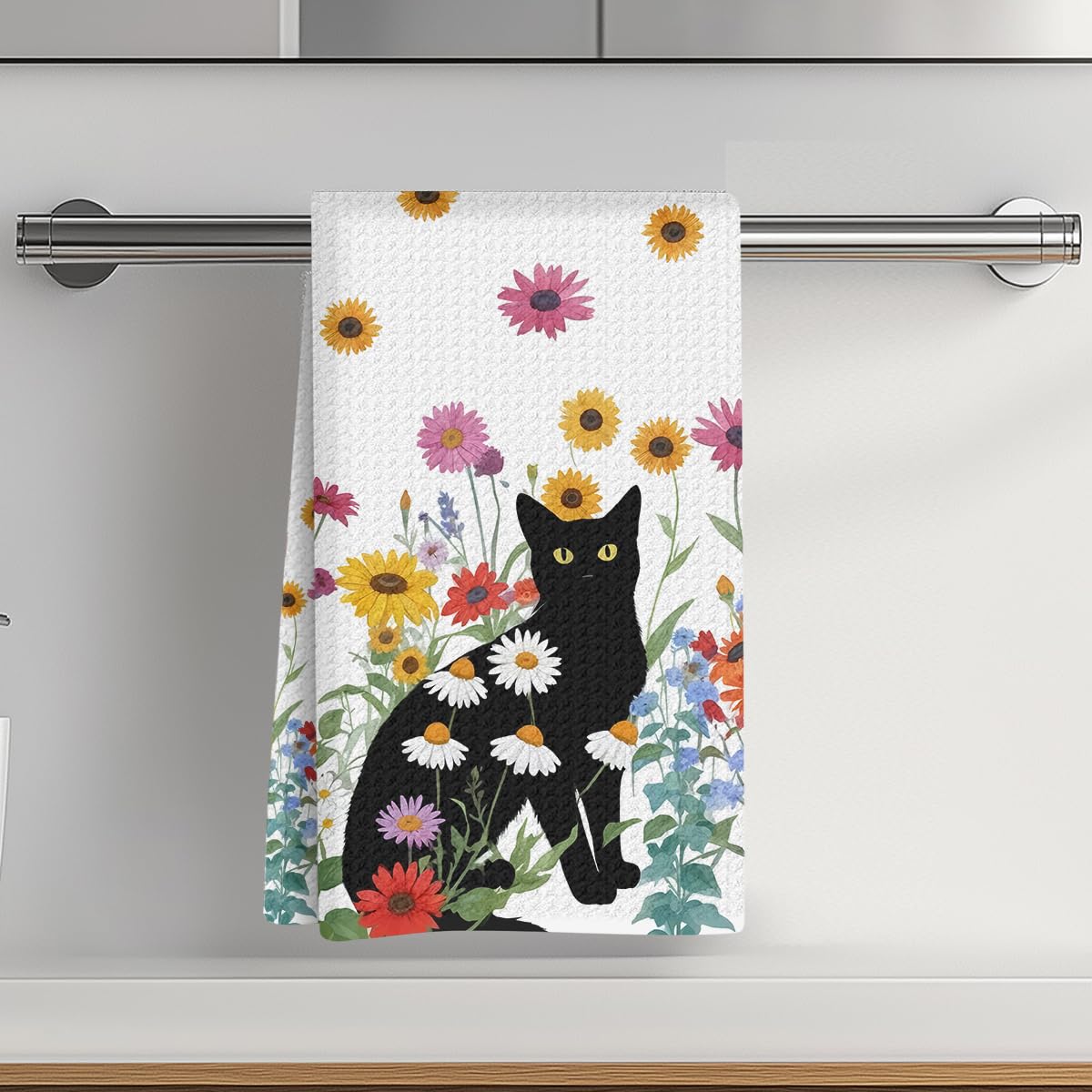 Flower Cat Kitchen Towel 24x14 Inch Colorful Flower Waffle Weave Hand Towel for 
