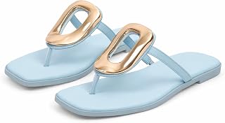 Wnshonzy Flip-Flops for Women Thong Sandals Flat Black Slip on Slides Leather Beach Comfort Open Square Toe Ladies Slipper Dressy Metal Hardware Decoration Summer Shoes Casual Fashion