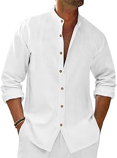 Men's Casual Button Down 3/4 Sleeve Striped Collar Linen Shirt