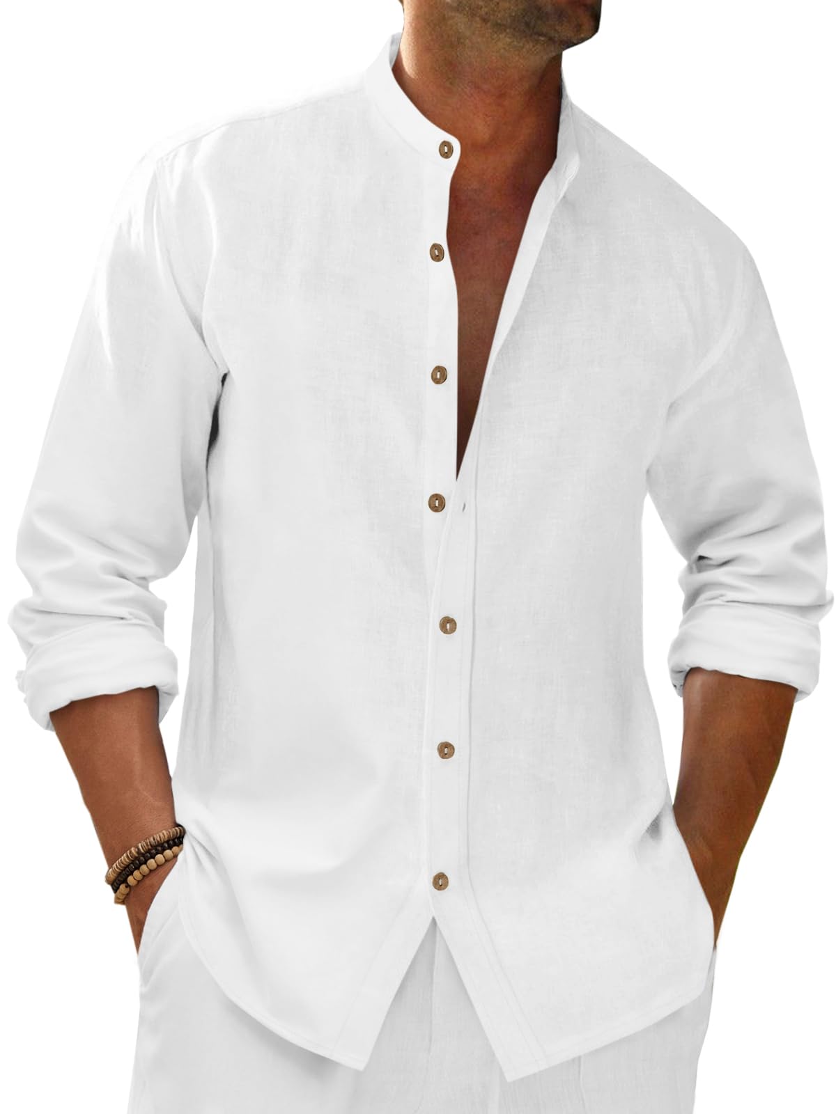 Men's Casual Button Down 3/4 Sleeve Striped Collar Linen Shirt