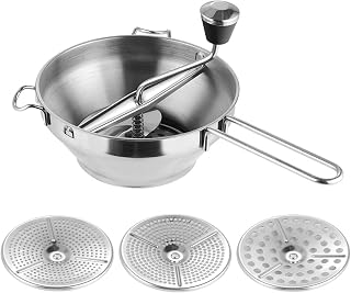 Food Mill Stainless Steel, Food Mill with 3 Interchangeable Grinding Discs Stainless Steel Hand Crank for Tomato Sauce, Applesauce, Canning