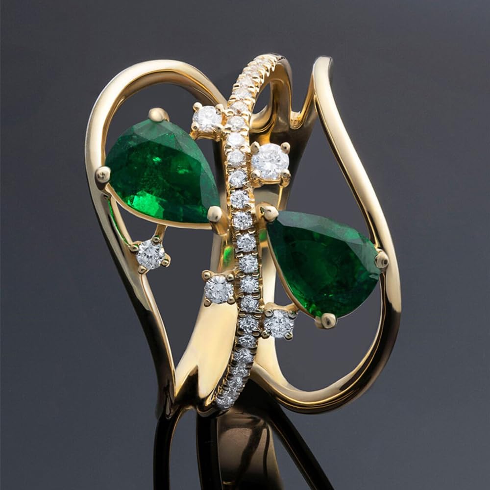 Trendy Gold Color Green Cubic Zirconia Rings Lady Statement Jewelry for Engageme