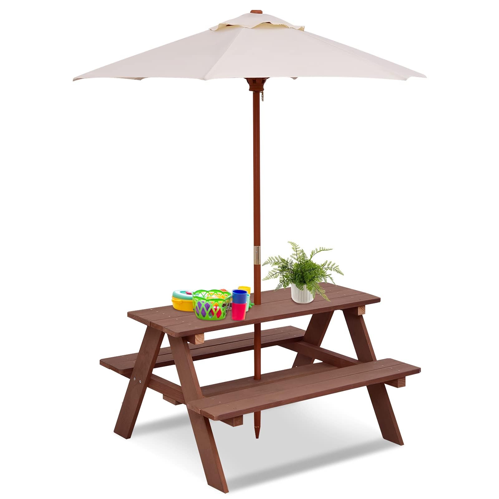 HONEY JOY Kids Picnic Table, Outdoor Wooden Bench Set w/Removable Umbrella, Chil