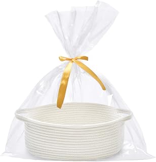 Optish White Medium Woven Rope Basket, Gift Empty Basket with Bag & Ribbon | Burr Boo Basket with Handle, Gift Basket for Baby Shower, Birthday, Durable Storage Basket for Nursery, Toys, 13.5"x11"x5"