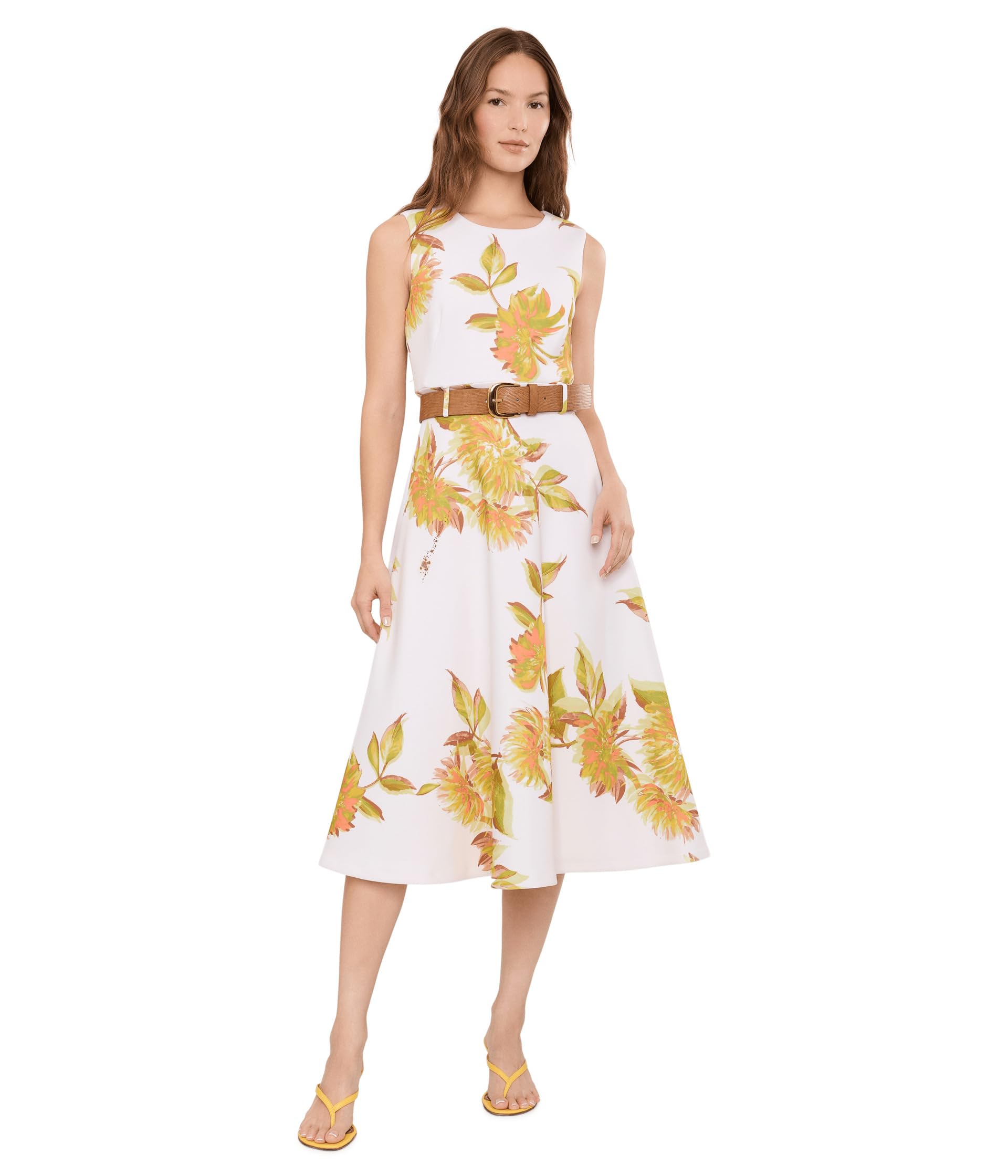 Calvin Klein Sleeveless Belted Floral Scuba A-Line Midi