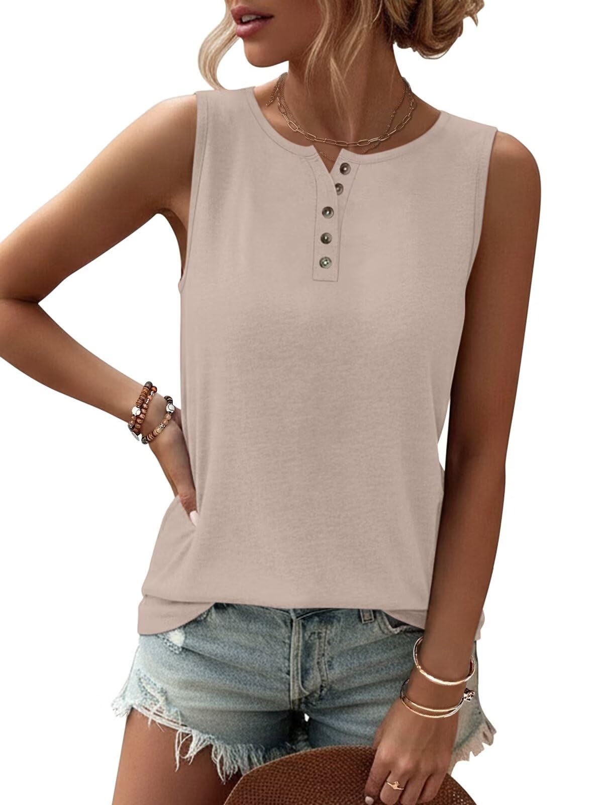 TICTICMIMI Womens Tank Tops 2026 Buttons Spring Summer Sleeveless Tee Henley Shi