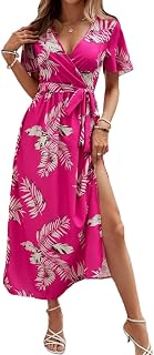 ORANDESIGNE Women's Summer Dress Casual V-Neck Long Dress Elegant Short Sleeve Boho Floral Printed Midi Dress Holiday Beach Casual Dresses with Belt