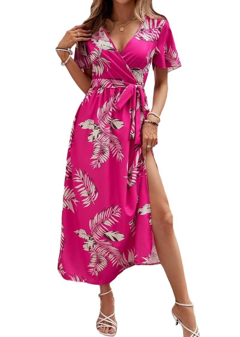 ORANDESIGNE Women's Summer Dress Casual V-Neck Long Dress Elegant Short Sleeve B