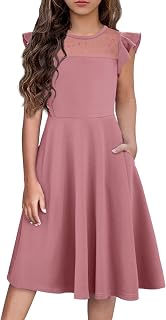 Flypigs Girls Dresses Summer Formal Party Wedding Ruffle Sleeve Mesh Knee Length A Line Dress with Pockets