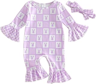 Newborn Baby Girl Easter Outfit Cute Ruffles Rabbit Print Romper Jumpsuits Infant Girls Easter Clothes