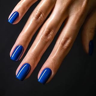French Short Square Press-On Nails, Pure Color Royal Blue False Nails, Glossy Acrylic Full Cover Glue, Nail with Adhesive Tabs, Natural Reusable Stick On Nails for Women, Girls, DIY Manicure