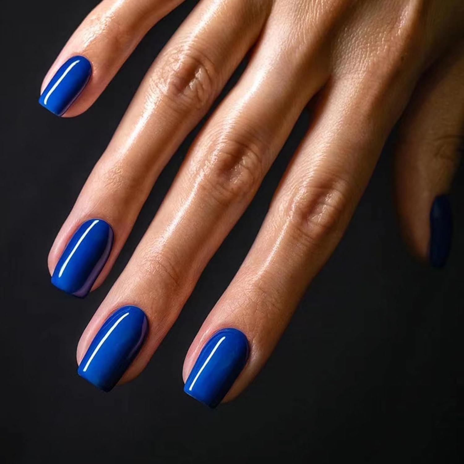 French Short Square Press-On Nails, Pure Color Royal Blue False Nails, Glossy Ac