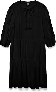 VERO MODA Crepe Short Dress with Drawstring and 3/4 Sleeves Midi Summer Tunic Dress