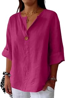 Women’s Long Sleeve Linen Blouse with Single Button V Neck Relaxed Fit Casual Lightweight Top for