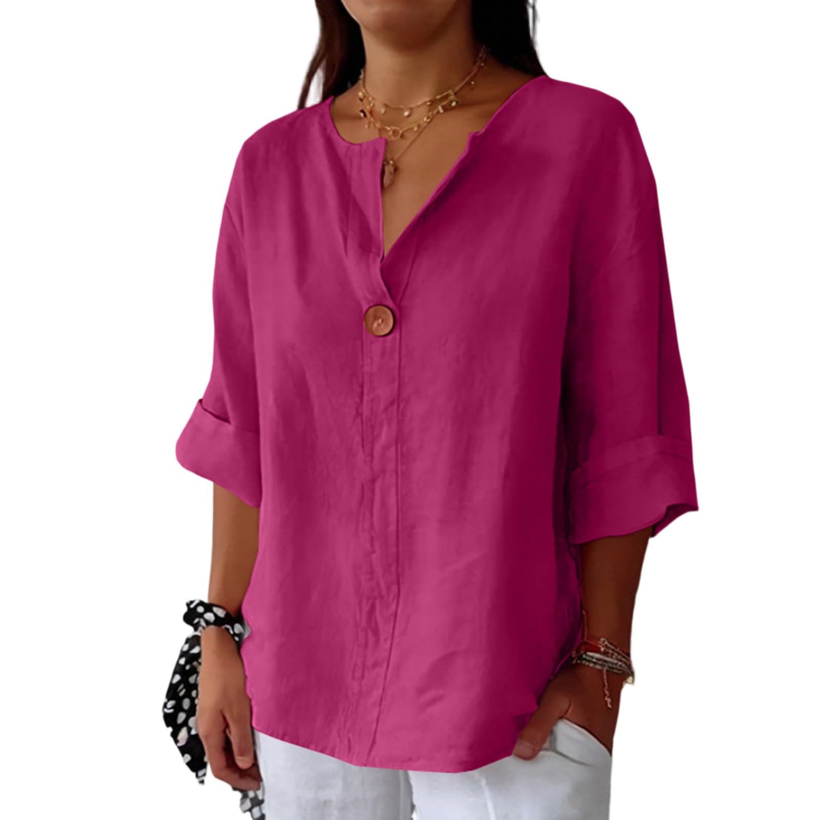 Women’s Long Sleeve Linen Blouse with Single Button V Neck Relaxed Fit Casual Li