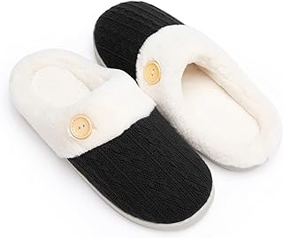 Chantomoo Women's House Slippers Comfortable Memory Foam Plush Bedroom Faux Fur Lined Knitted Warm Slippers Slip-On Lightweight Shoes Indoor Outdoor Non-Slip Rubber Sole Cosy