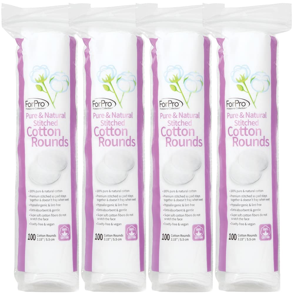 ForPro Pure &amp; Natural Stitched Cotton Rounds for Face (400-Count), 100% Pure