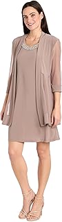 R&M Richards Womens 2 Piece Mesh Panel Beaded Neck Jacket Dress