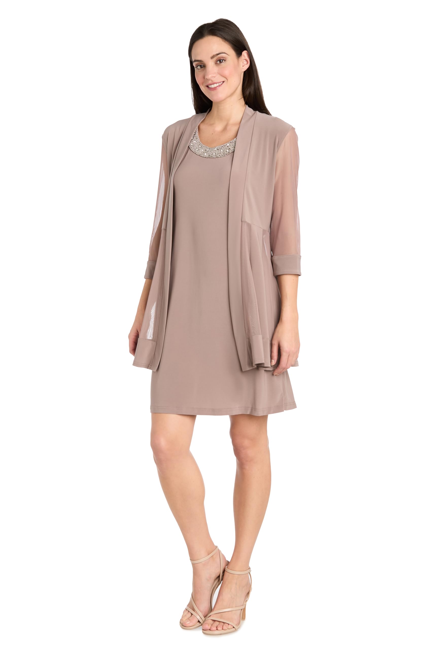 R&M Richards Womens 2 Piece Mesh Panel Beaded Neck Jacket Dress