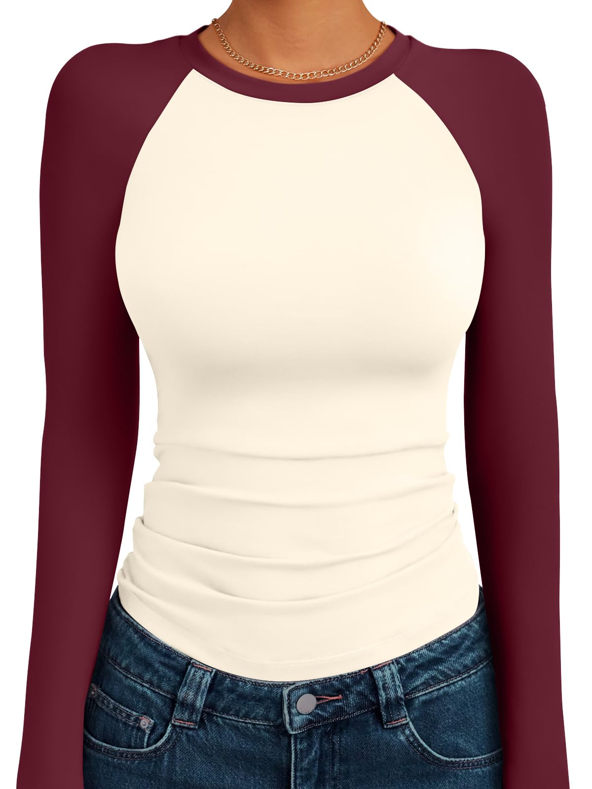Trendy Queen Ladies Shirts Long Sleeve Slim Fit Elastic Color Block Slightly Cro