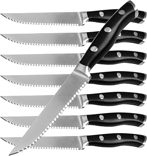 Alata 8-Piece Steak Knives Set, 4.7 Inch with Serrated Edge Razor-Sharp Dinner Knives, Full-Tang Construction，Stainless Steel Steak Knives Set of 8