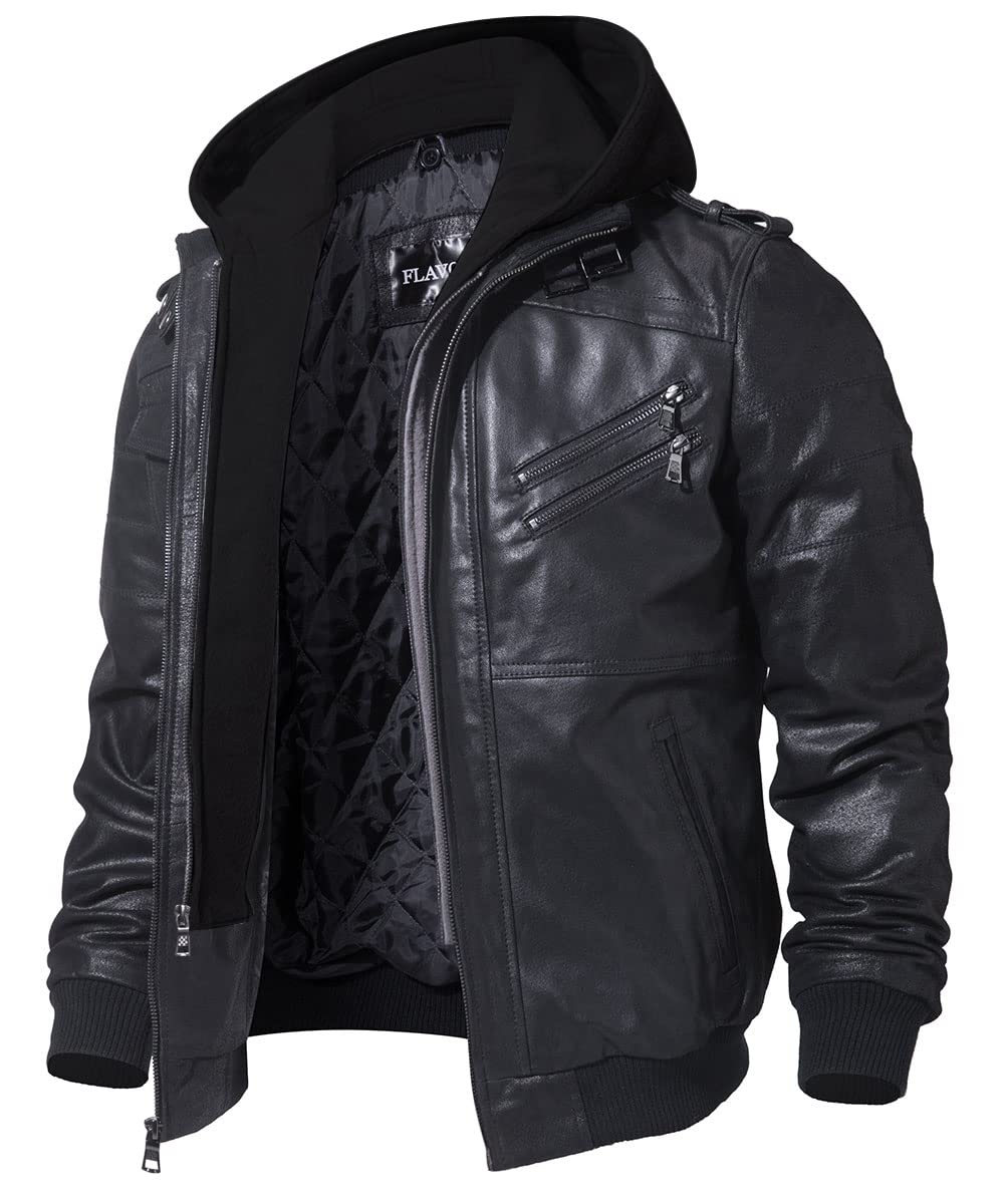 FLAVOR Genuine Leather Jacket, Men's Removable Hoodie