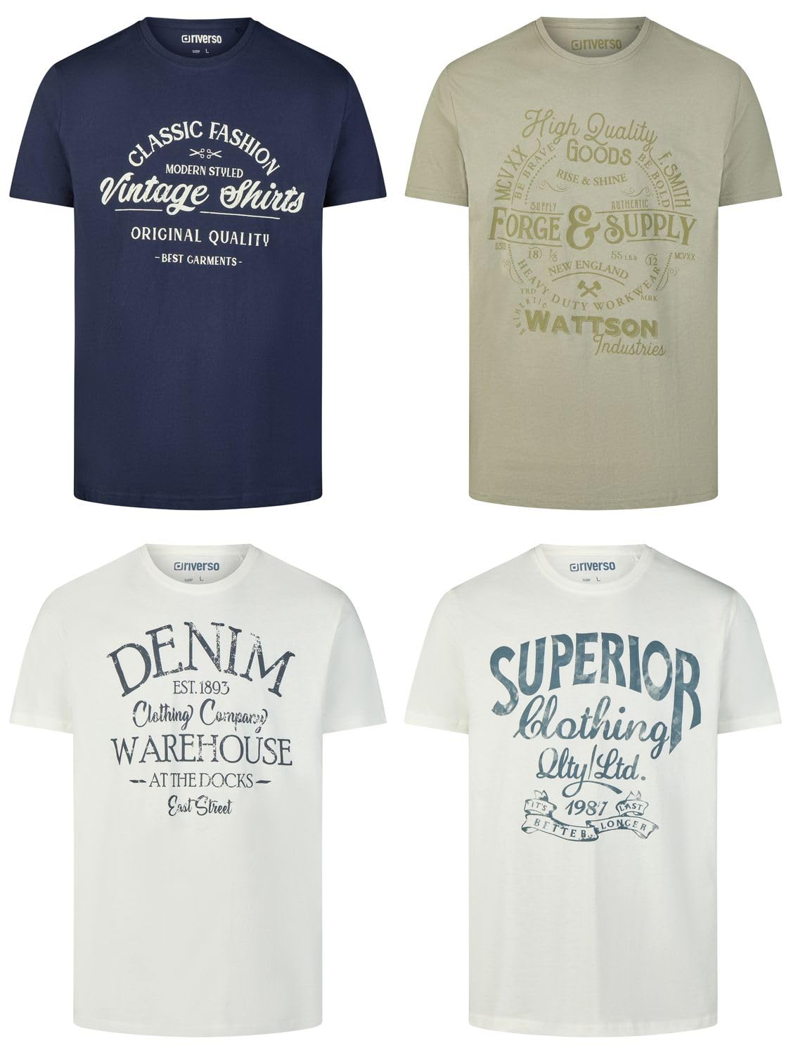 riverso RivLeon Men's Cotton Regular Fit T-Shirt, Set of 4, Crew Neck