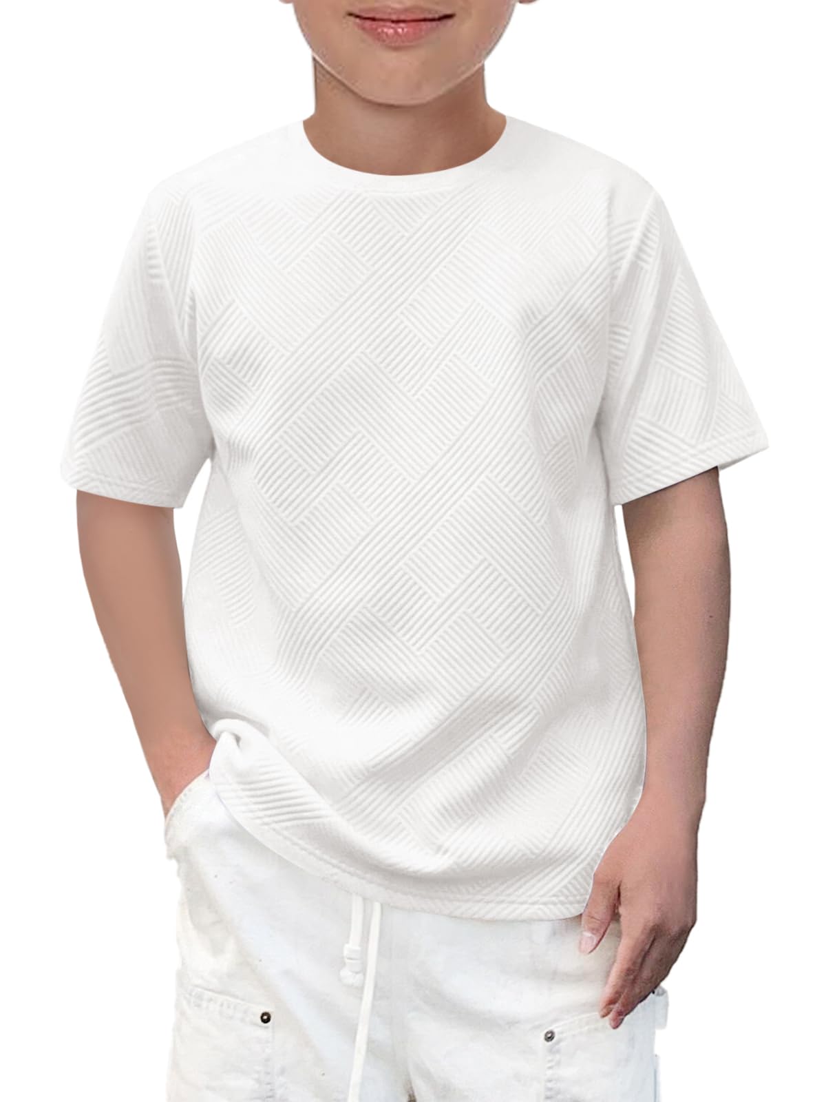 Haloumoning Boys Fashion Geometric Texture T Shirts Kids Round Neck Short Sleeve