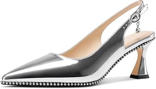 TNYNFBEB Womens Kitten Heel Pointed Toe Beads Slingback Slip On Buckle Prom Party Dress Classic Patent Leather 2.6"