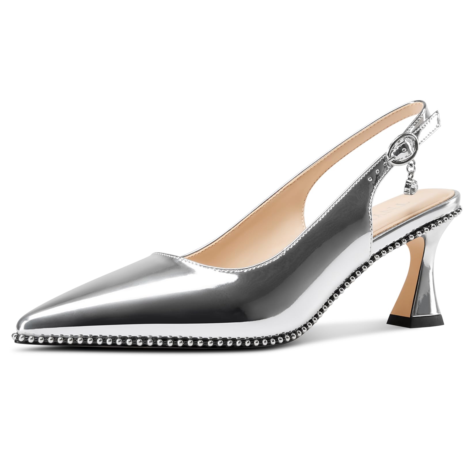 TNYNFBEB Womens Kitten Heel Pointed Toe Beads Slingback Slip On Buckle Prom Part