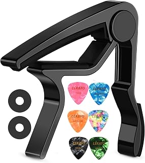 LEKATO Guitar Capo with 6 Guitar Picks for Electric Guitar Acoustic Guitar, Guitar Clip Quick-Change Capo Clamp for Guitars Ukulele Mandolin and Banjo,Pletrums & Strap Locks Included