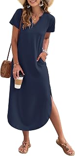 MISFAY Summer Maxi Dress for Women Casual Short Sleeve V Neck Loose Split Beach Maxi Dress