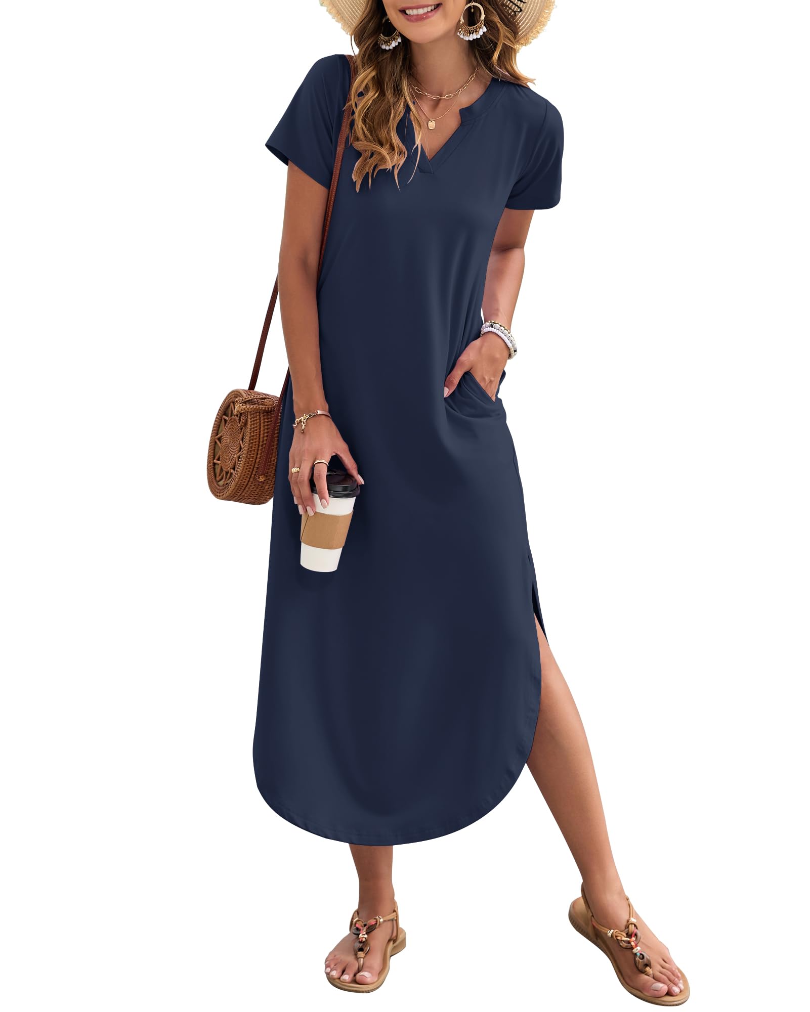 MISFAY Summer Maxi Dress for Women Casual Short Sleeve V Neck Loose Split Beach 