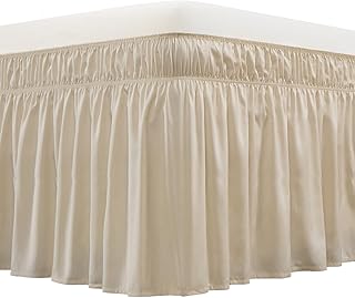 MEILA Wrap Around Elastic Bed Skirt for Queen & King Beds, 16" Drop, Beige | Three-Side Adjustable Elastic Dust Ruffle, Ruffled Polyester Fabric, Easy to Install, Fade Resistant & Machine Washable