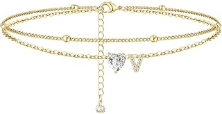 女性用アンクルブレスレット イニシャルアンクレット 防水 14K ゴールドフィルド ハンドメイド 上品なレイヤード ハート キュービックジルコニア ビーズ イニシャル アンクレット 調節可能なアンクルブレスレット サマービーチジュエリー 女性用