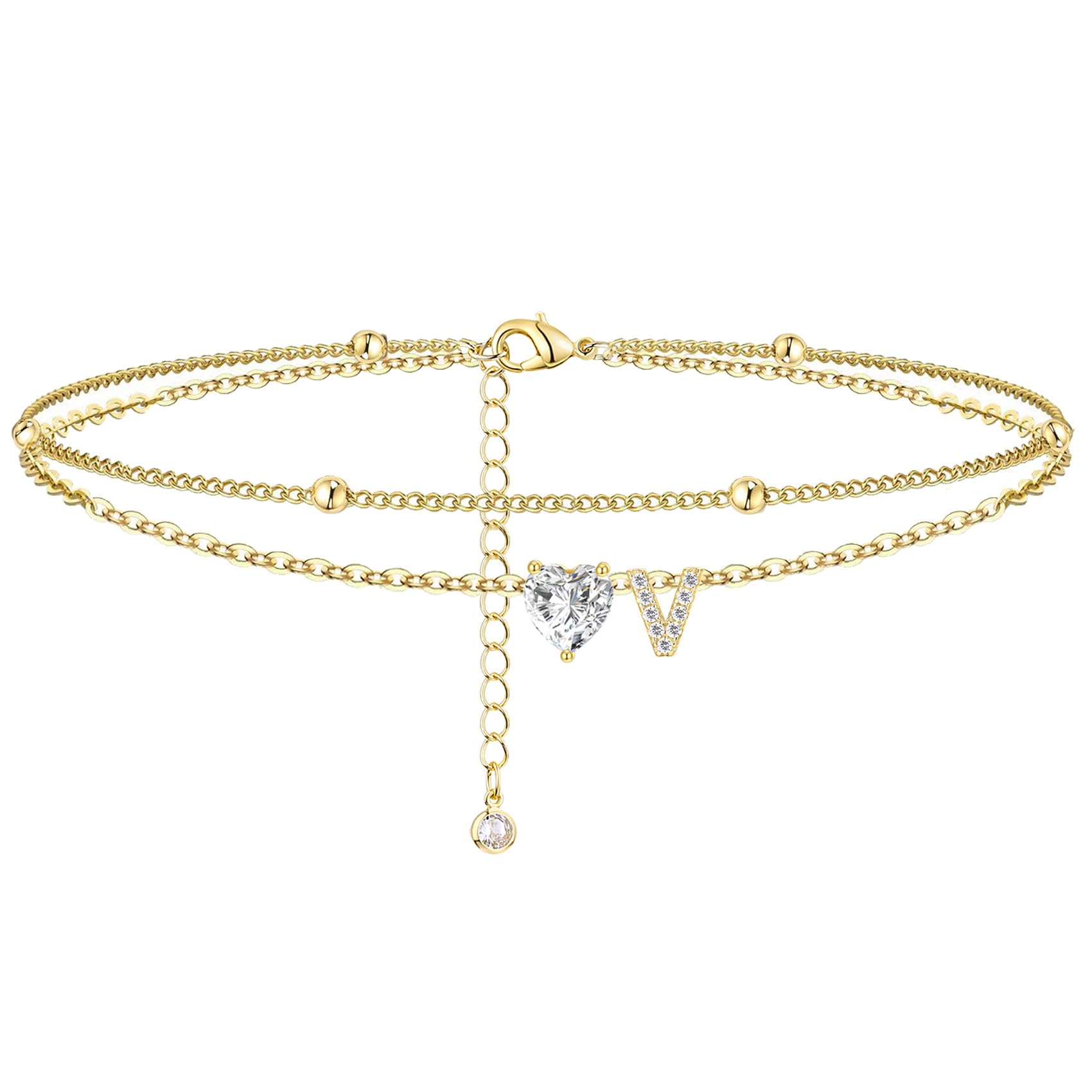 女性用アンクルブレスレット イニシャルアンクレット 防水 14K ゴールドフィルド ハンドメイド 上品なレイヤード ハート キュービックジルコニア ビーズ イニ