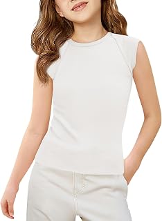 Haloumoning Camisetas sin mangas para niñas, de punto acanalado, con manga casquillo, para verano, de 5 a 14 años