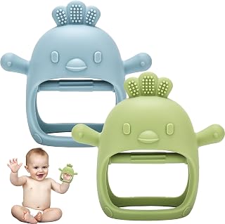 2 Pack Teething Toys for Baby, Silicone Teether Mitten for Babies | 0-6 Months Toys for Toddler Infant, Baby Boy Girl Shower Gifts Teething Relief Chew Toys (Blue + Green)