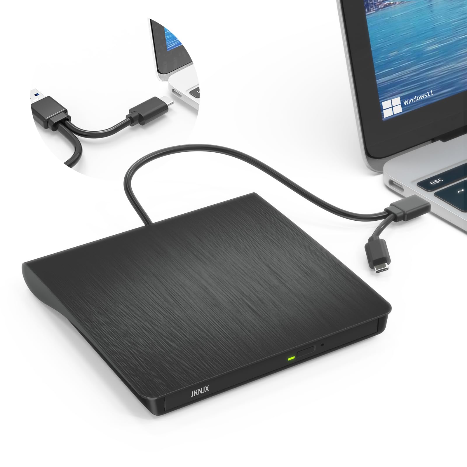 2 in 1 External CD DVD Drive, USB 3.0 and Type-C Disc Reader Burner Player | Opt