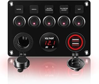 KAOLALI 12V Switch Panel IP65 Waterproof Dual USB Charger Ports 4.2A Red | 12V/24V 5 Gang Toggle Switch Panel for Car Boat RV Truck Campervan, Lighter Socket, Digital Voltmeter Display, Rocker Switch