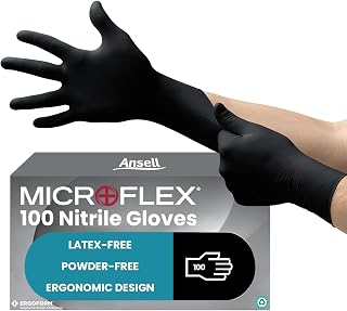Ansell MicroFlex 93-852 Disposable Gloves, Latex and Powder-Free, Food Certified, Chemical and Mechanical Protection, Multipurpose Professional, Black Size L (100 Pieces)