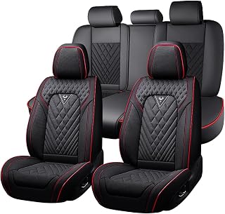 トヨタハイランダー2001-2025用シートカバーフルセット、プレミアムナッパレザーカーシートカバー、 通気性 カーアクセサリー スポーティなデザイン 取り付け簡単 自動車用シートカバー (5シート、ブラック&レッド)
