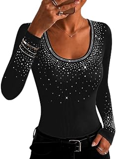 CHICME Women's Ribbed Knit Top with Rhinestone U Neck