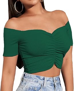 LYANER Womens Off Shoulder Ruched Short Sleeve Rib Knit Sexy Crop Top Blouse