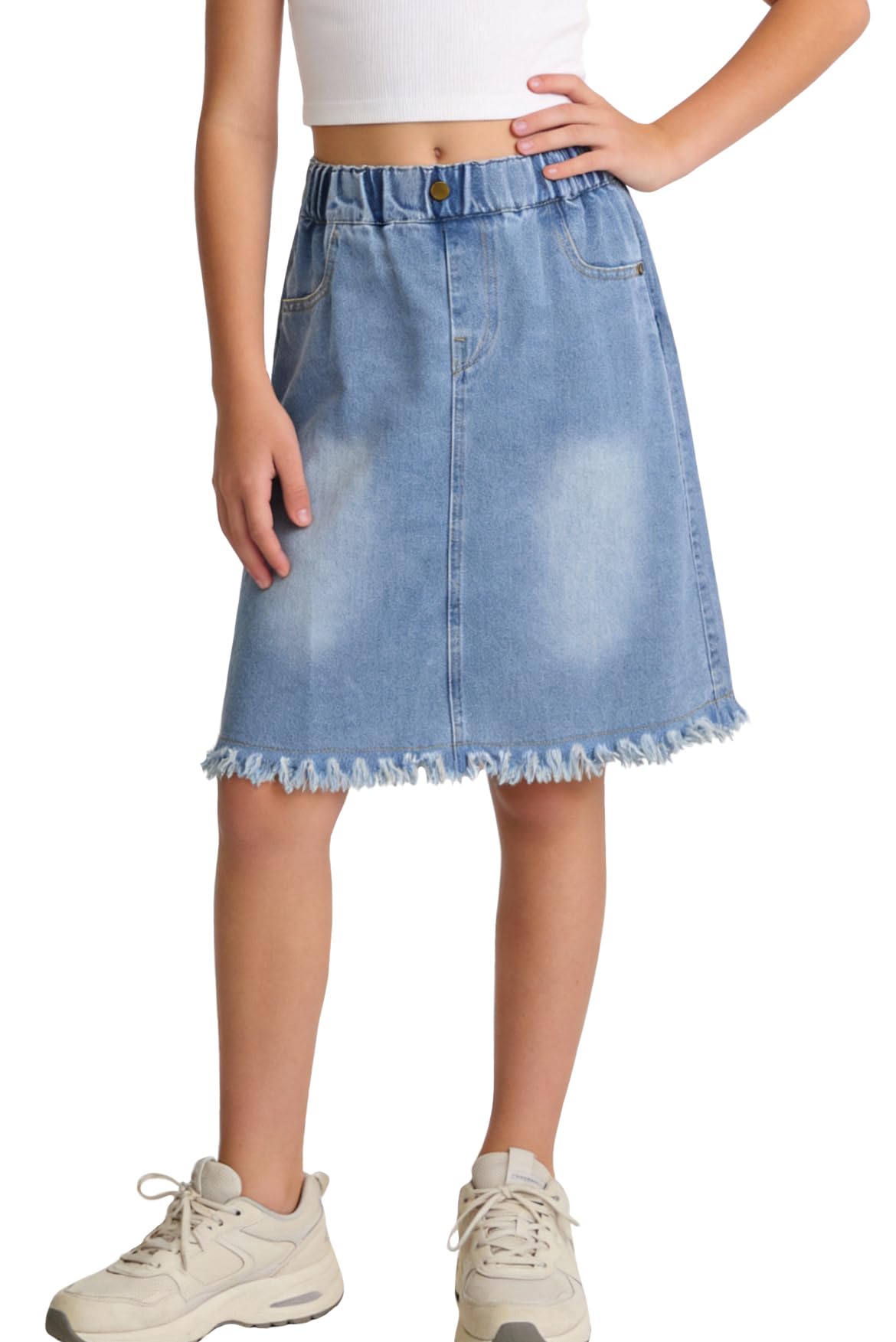 Happy Cherry Girls Denim Skirt Elastic Waist A-Line Jean Skirt Knee Length